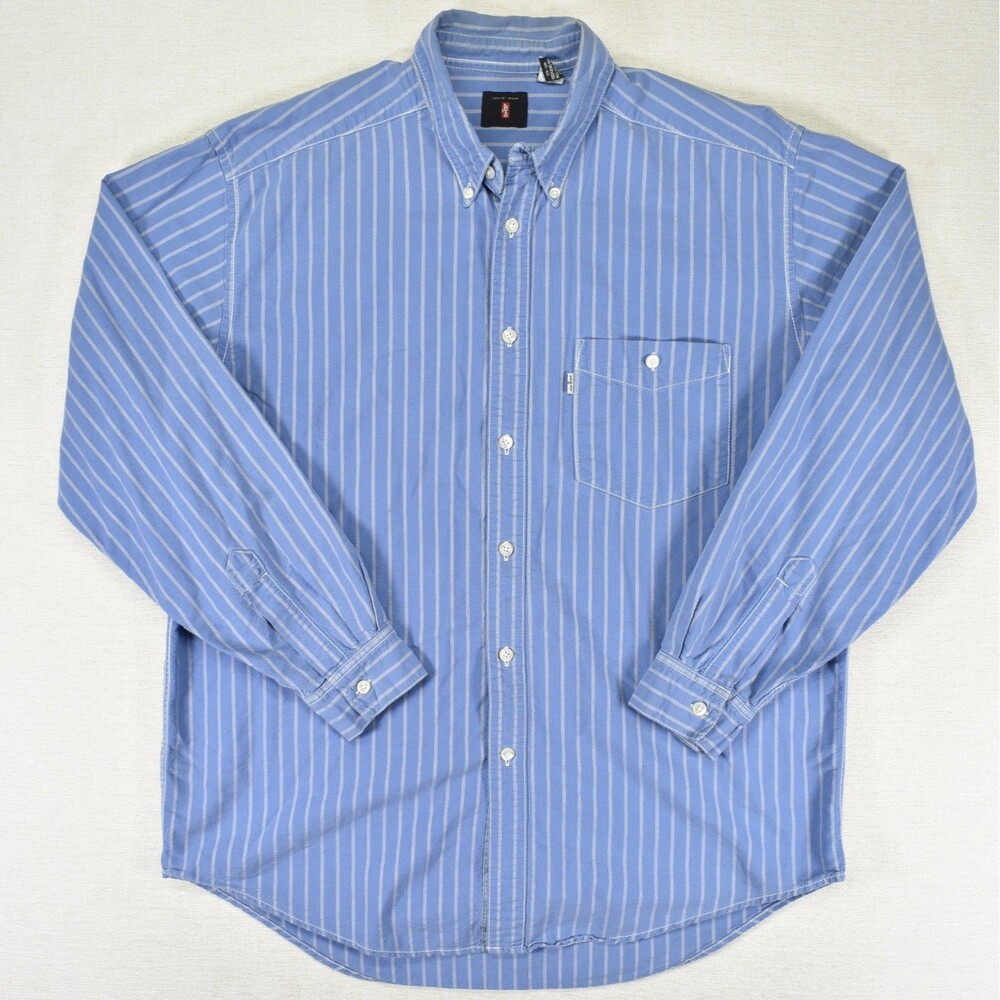 Vintage Levis Button Down Shirt Mens Large Blue White Striped 90s Long Sleeve